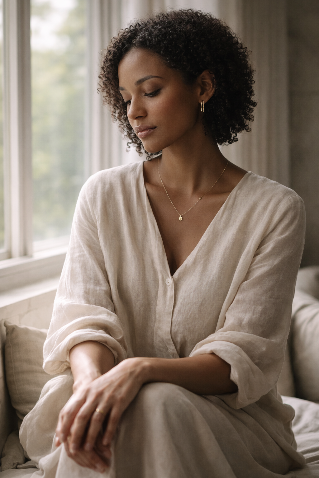 Calm reflective portrait representing hypnosis and subconscious change